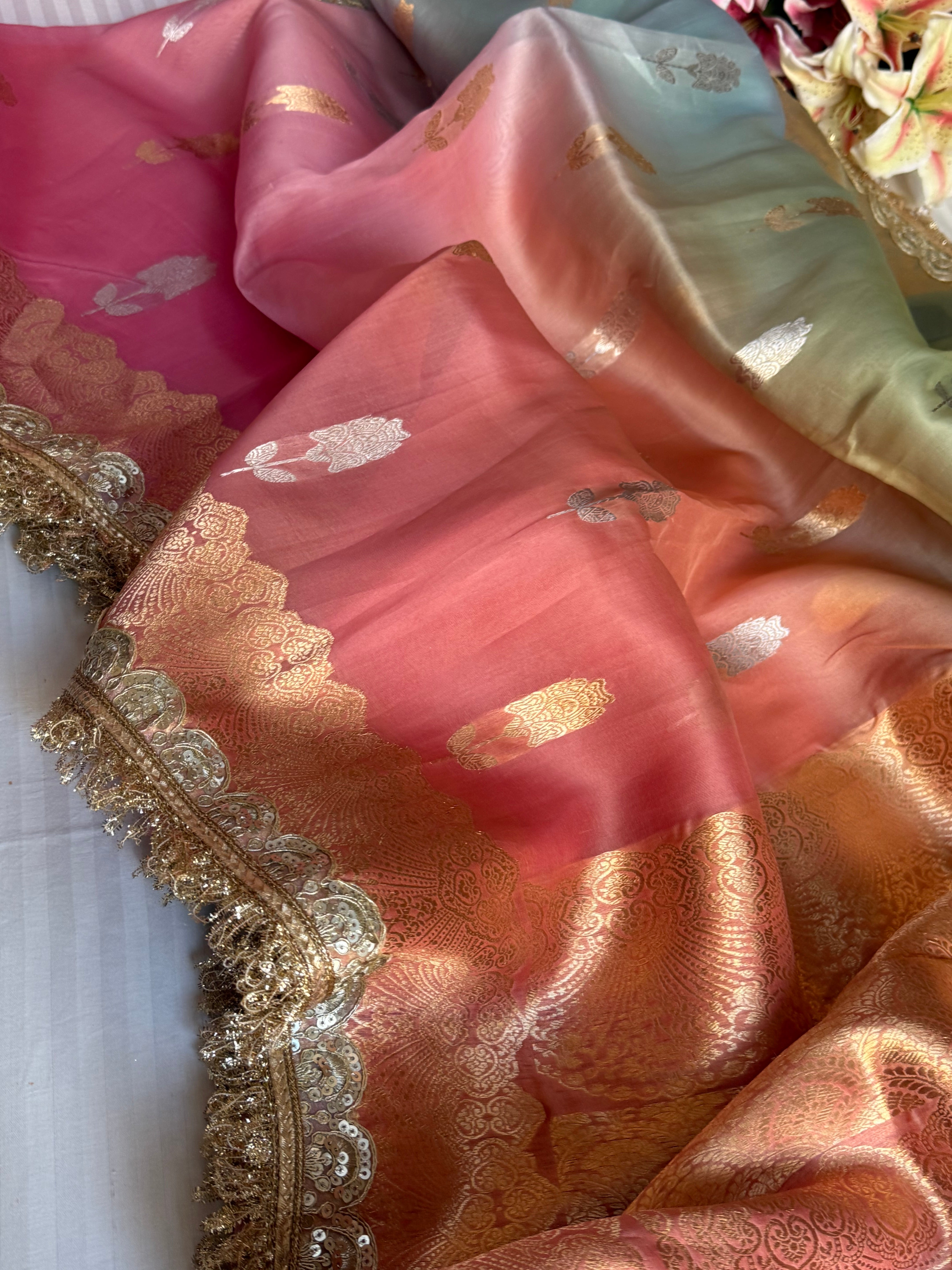 4D rang birangi shaded multicoloured Kora silk kadhwa banarasi sarees